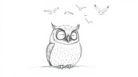 A hand-drawn pencil sketch in a Pixar-esque style depicts a blind owl with subtly textured feathers, resting peacefully again
