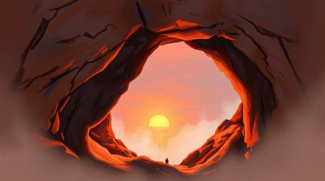 A captivating digital sketch depicts a misty sunset through a desert rock arch.  Loose painterly strokes and rich textures cr