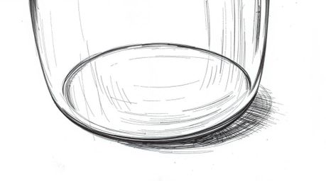 A hand-drawn sketch capturing a close-up view of a glass object reflecting smooth gradient textures. The artwork features rou
