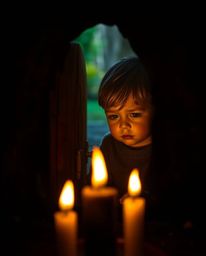 A captivating scene unfolds with warm candlelight and a strong, moody style as a child with a serious expression stumbles upo