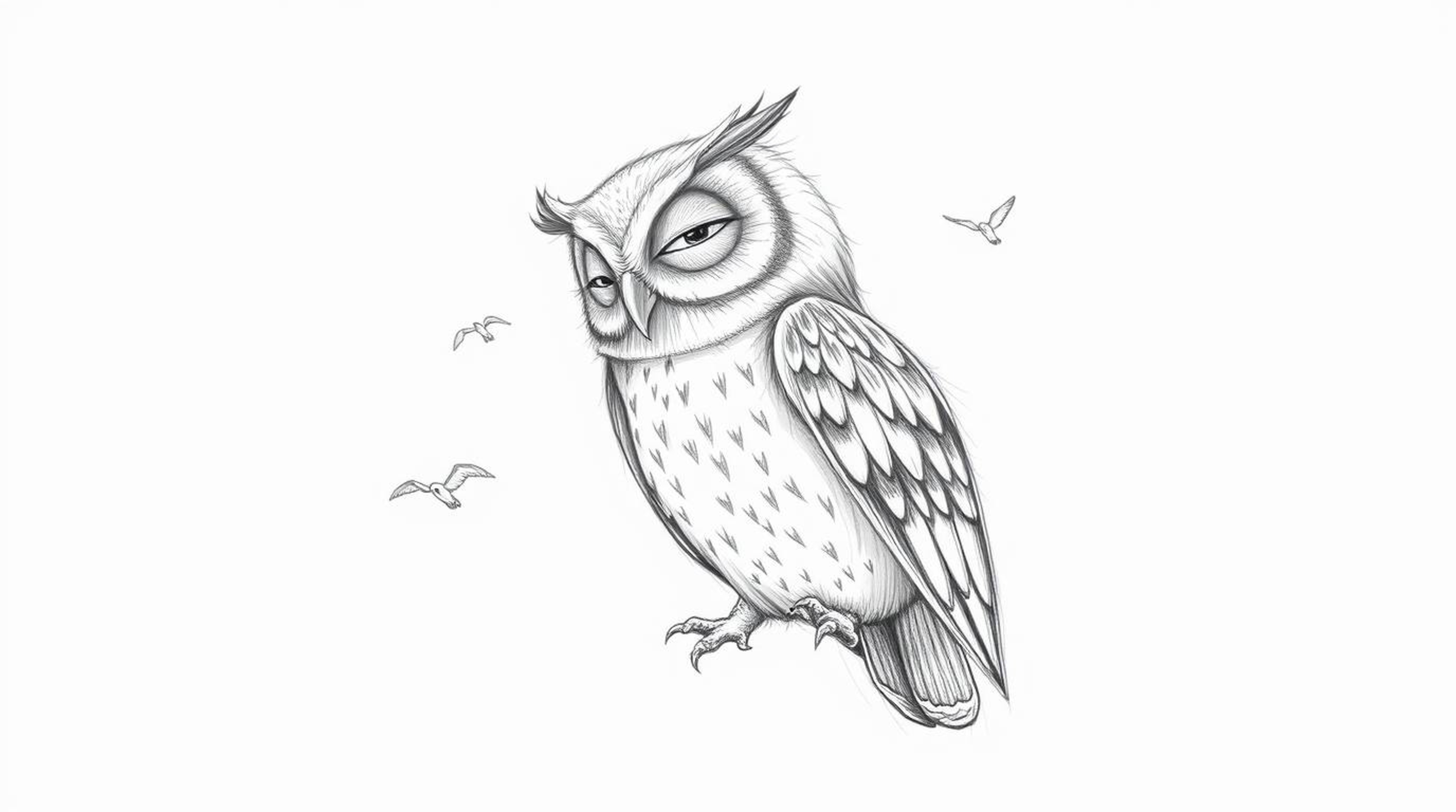 A captivating hand-drawn pencil sketch depicts a blind owl in the style of Pixar, set against a pristine white background. Th