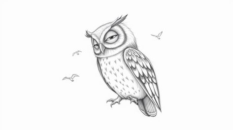 A captivating hand-drawn pencil sketch depicts a blind owl in the style of Pixar, set against a pristine white background. Th