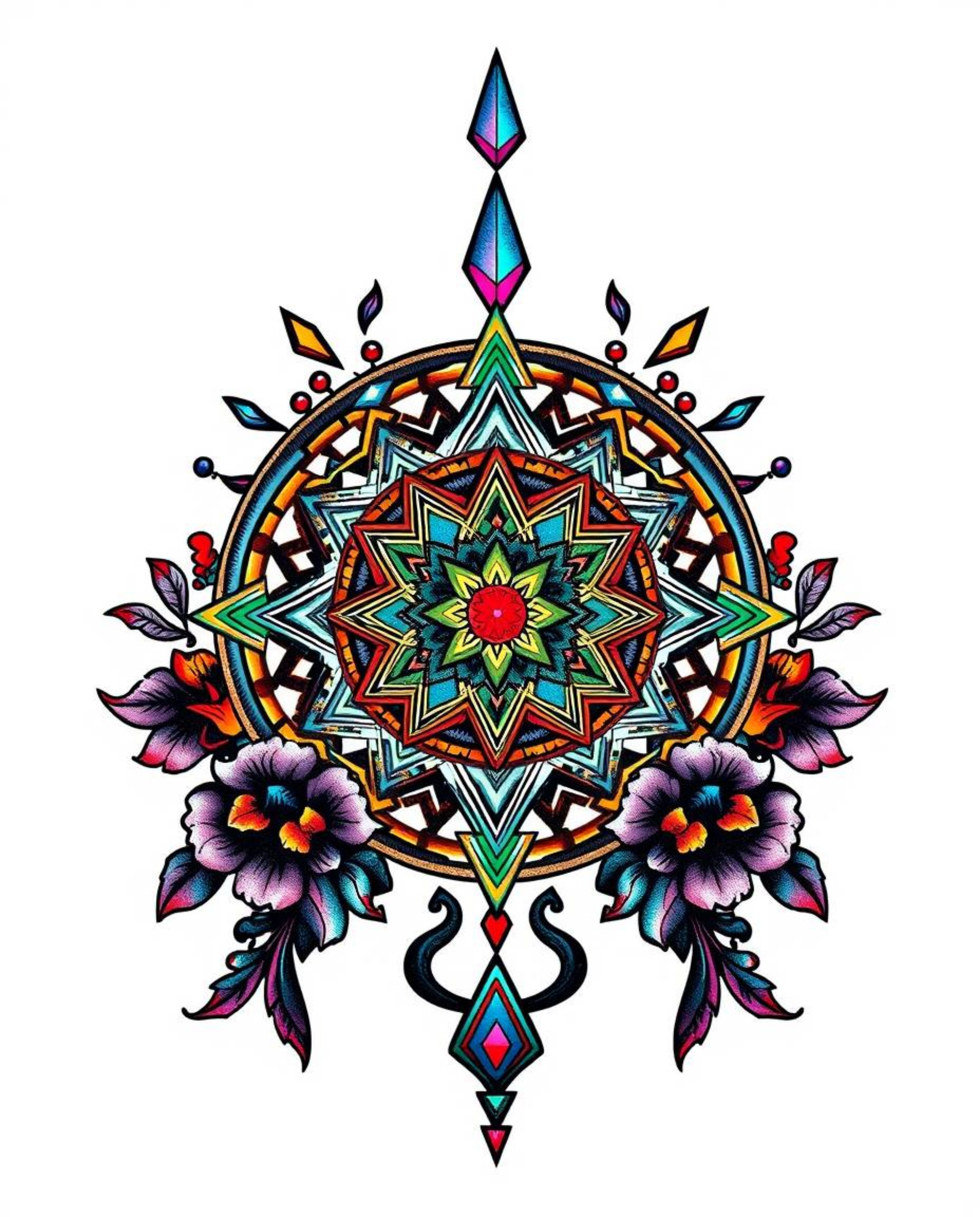 This symbolic traditional tattoo art print showcases a futuristic digital interface with captivating geometric patterns and a