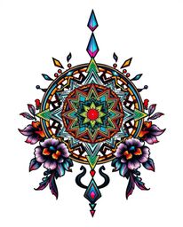 This symbolic traditional tattoo art print showcases a futuristic digital interface with captivating geometric patterns and a