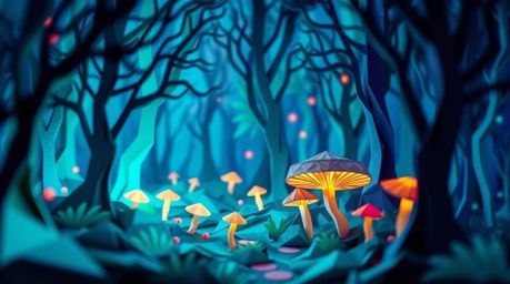 Discover a mesmerizing digital artwork depicting a vintage-style enchanted forest rendered in a cool-colored origami style.