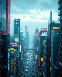 A high-resolution stock photo depicting a futuristic city in a glitch mode. The image showcases a tight close-up, focusing on