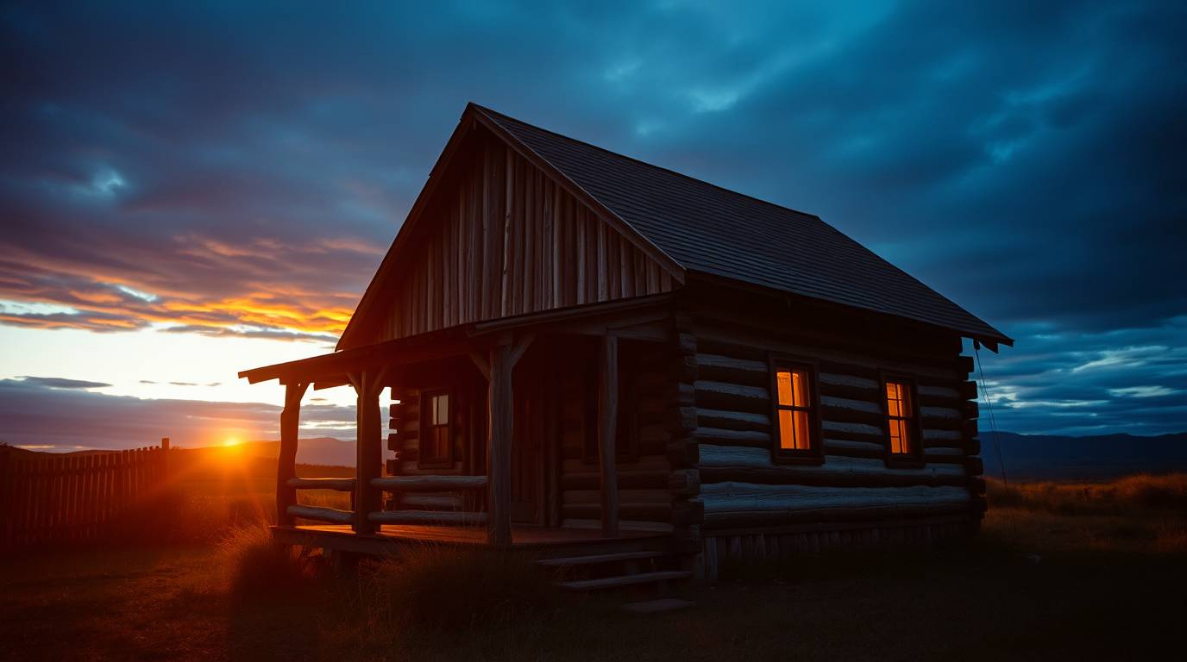 A visually stunning photograph captures an old wooden cabin bathed in the dramatic cinematic lighting of sunset.  The image e