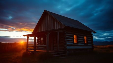 A visually stunning photograph captures an old wooden cabin bathed in the dramatic cinematic lighting of sunset.  The image e