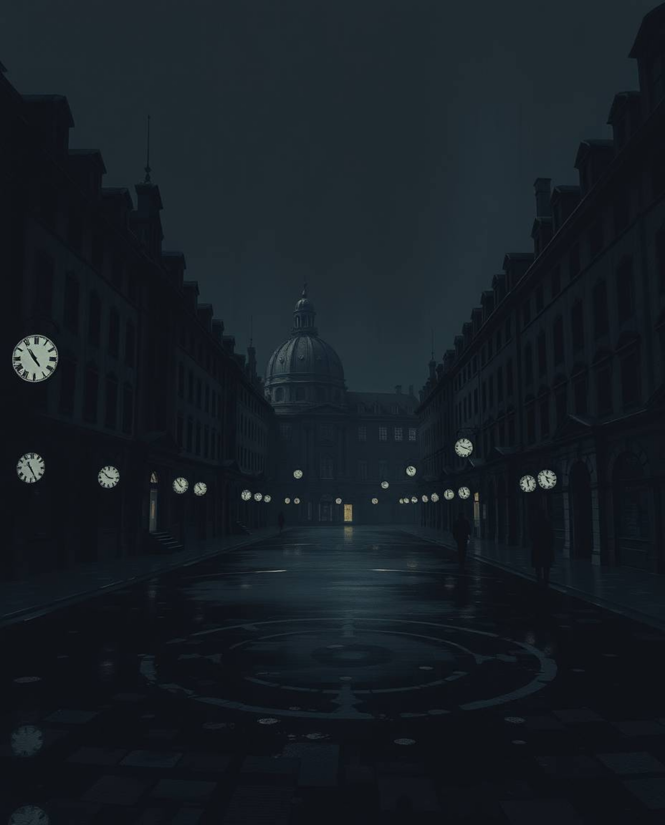An intense jet black digital painting depicts an eerie, empty town square filled with numerous ticking clocks. Deep shadows d