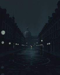 An intense jet black digital painting depicts an eerie, empty town square filled with numerous ticking clocks. Deep shadows d