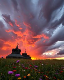 A precise architectural color photograph capturing a sunset over a spring wildflower meadow amidst intense, dramatic weather.