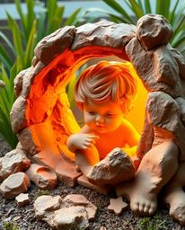 Discover a whimsical world of sculptural clay art depicting a child's enchanting encounter with a magical portal in their bac