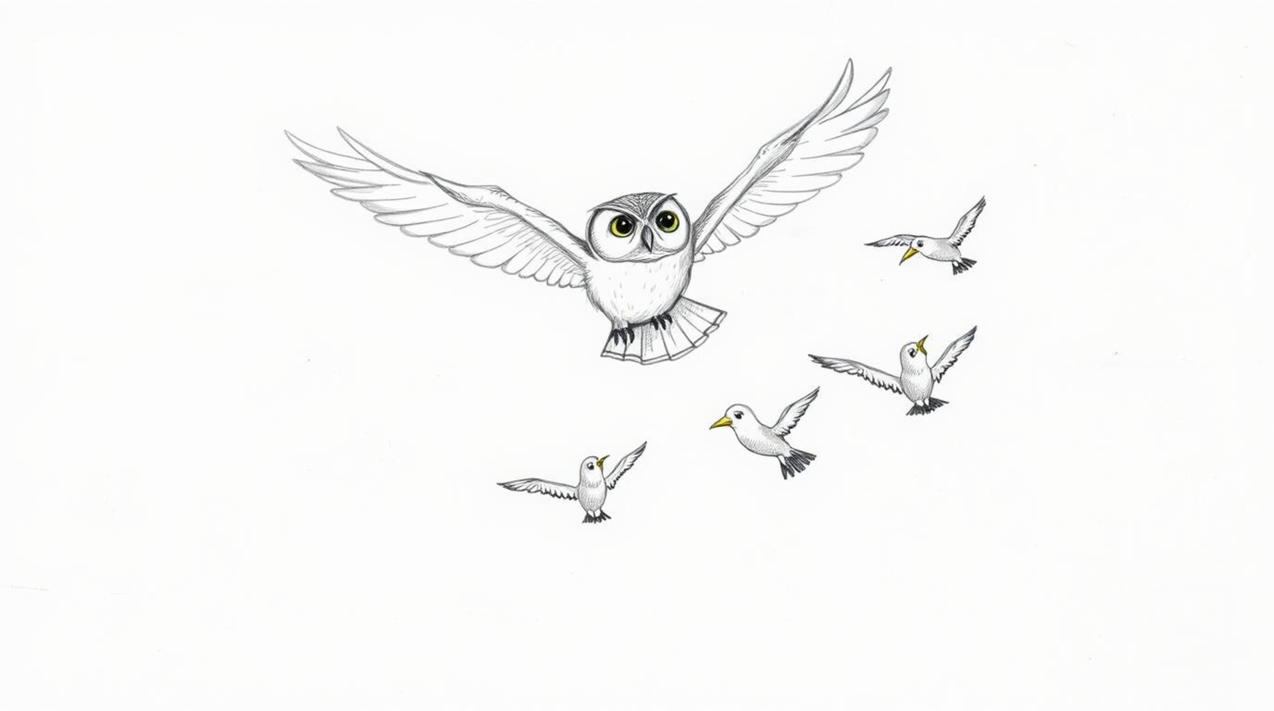 A hand-drawn sketch in the style of Pixar depicts a blind owl mid-flight, masterfully teaching several birds how to fly.  The