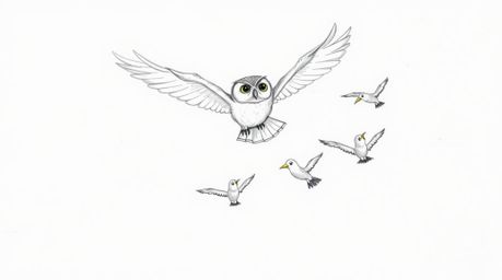 A hand-drawn sketch in the style of Pixar depicts a blind owl mid-flight, masterfully teaching several birds how to fly.  The