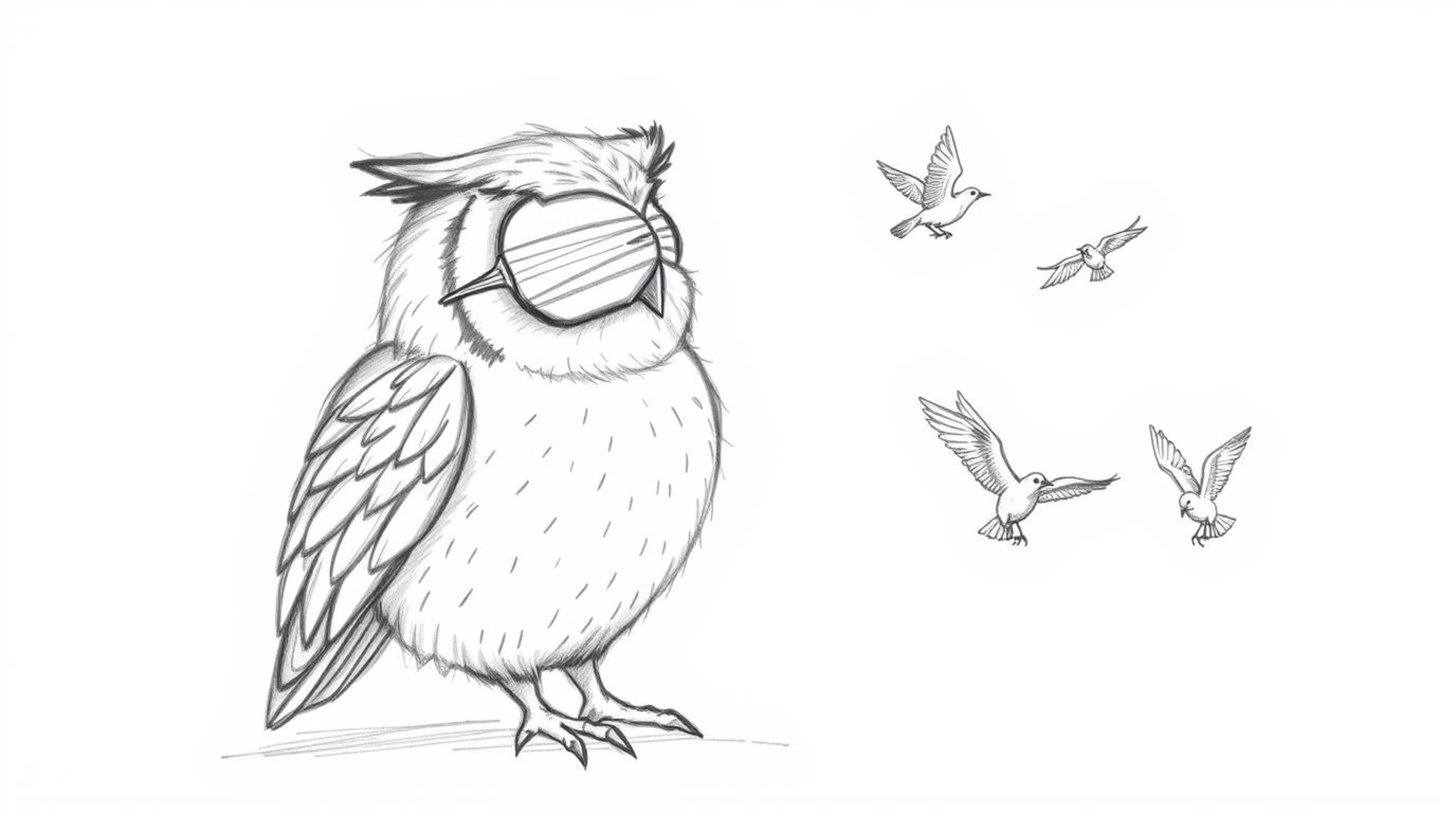 A captivating hand-drawn pencil sketch depicting a wise, blind owl in a Pixar-inspired style. The owl patiently observes smal