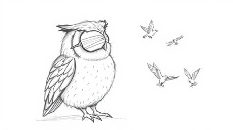 A captivating hand-drawn pencil sketch depicting a wise, blind owl in a Pixar-inspired style. The owl patiently observes smal