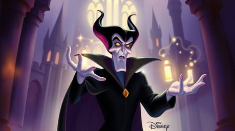 A classic Disney villain with striking, angular features casts a spell within the walls of a gothic castle. The scene is bath