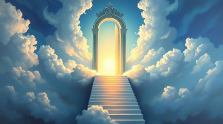 This graceful and elegant fantasy realism painting showcases a heavenly gate floating serenely above the clouds, bathed in co