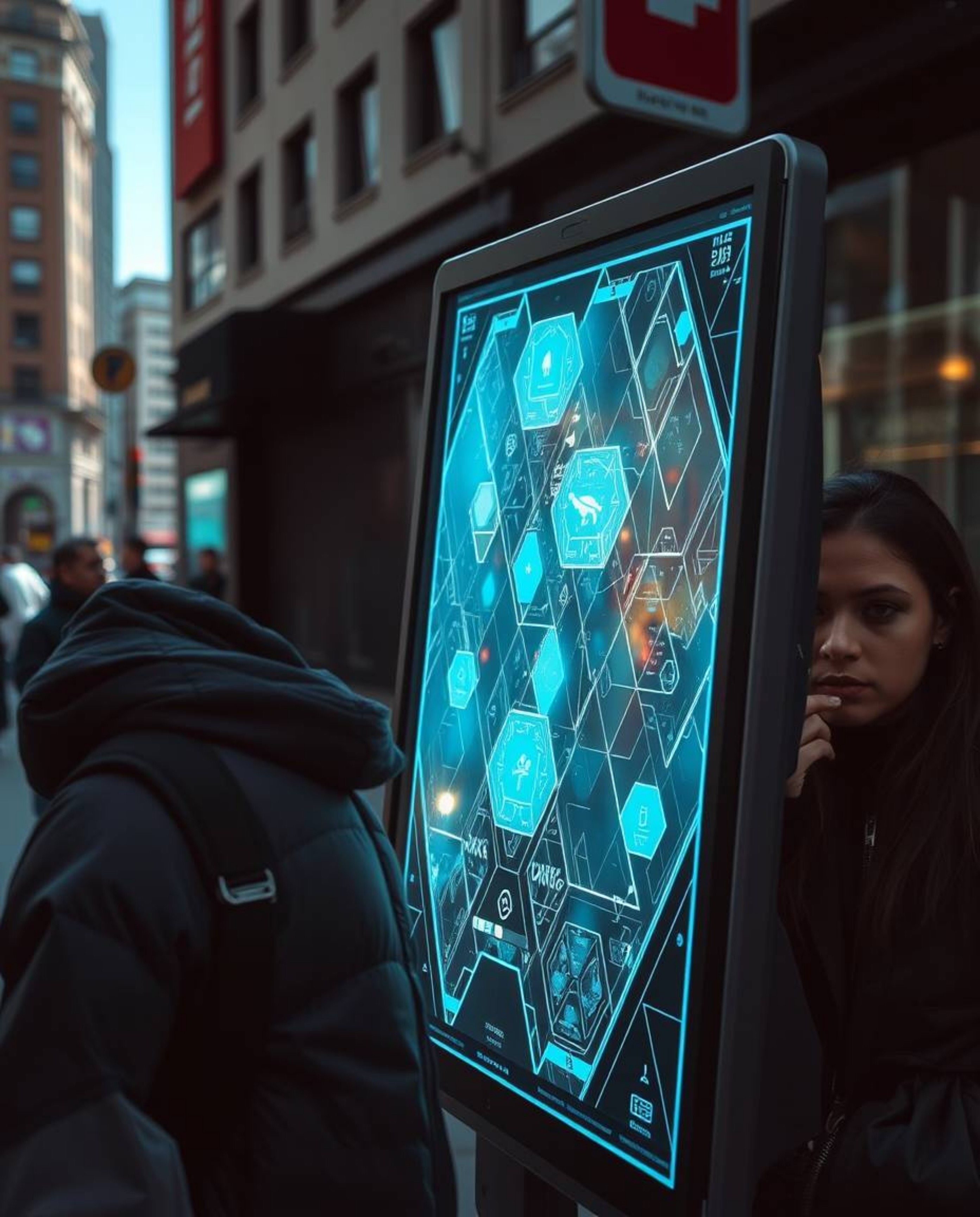 Capture the raw energy of the streets with this candid street photography image. Featuring a futuristic digital interface ove