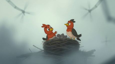 Immerse yourself in a classic animation style with two cartoon birds diligently building their nest amidst a thick fog, creat