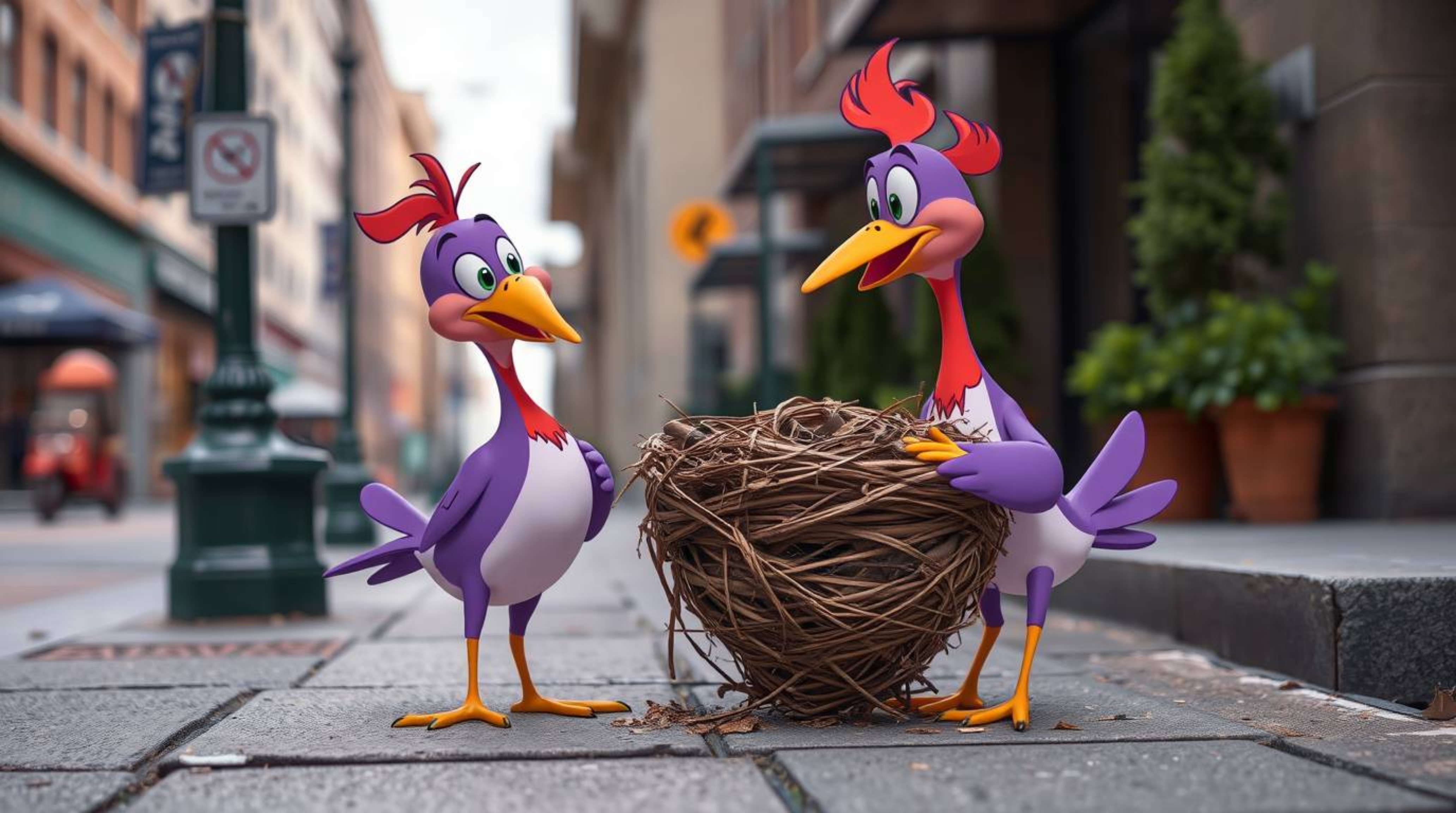 A captivating street photograph showcases two cartoon birds diligently building a nest in a classic animation style, set agai