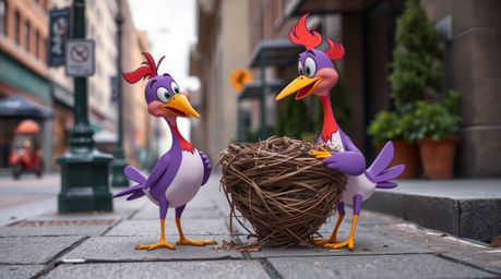 A captivating street photograph showcases two cartoon birds diligently building a nest in a classic animation style, set agai