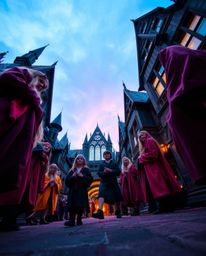 Experience a breathtaking view of a magical school teeming with young wizards, captured from a dramatic low-angle perspective