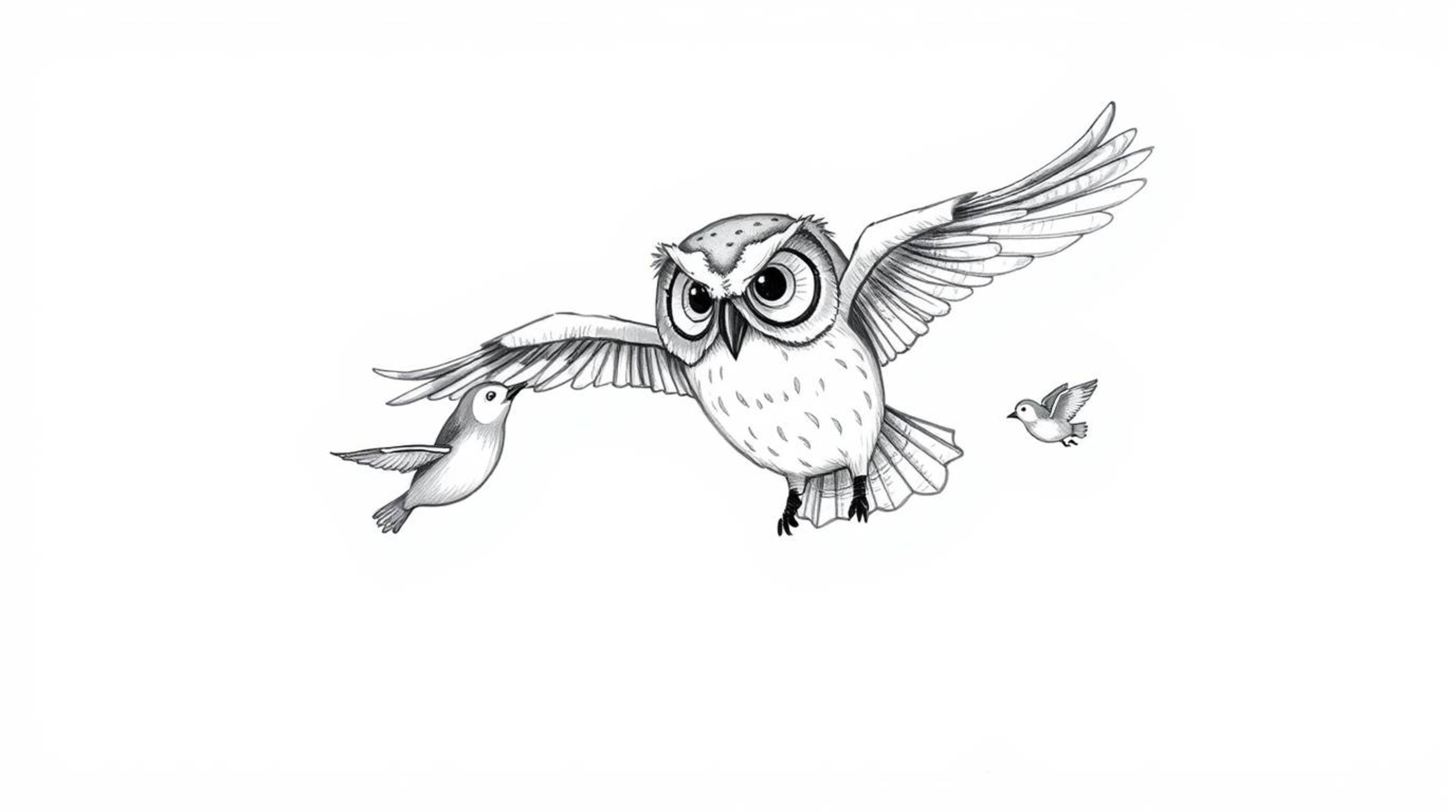 A heartwarming hand-drawn sketch in the style of Pixar depicts a blind owl, with soft, rounded features, patiently teaching a
