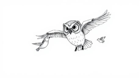 A heartwarming hand-drawn sketch in the style of Pixar depicts a blind owl, with soft, rounded features, patiently teaching a