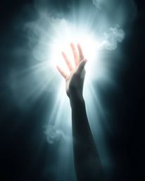 Capture the ethereal and spiritual vibe of a hand reaching towards light from the darkness.  This image evokes a mystical fee