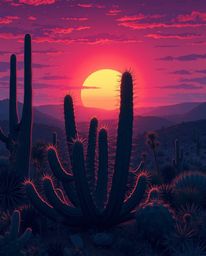 An Isekai anime-style artwork depicts a desert cactus glowing in the last rays of the sun, rendered in rich deep teal hues. T