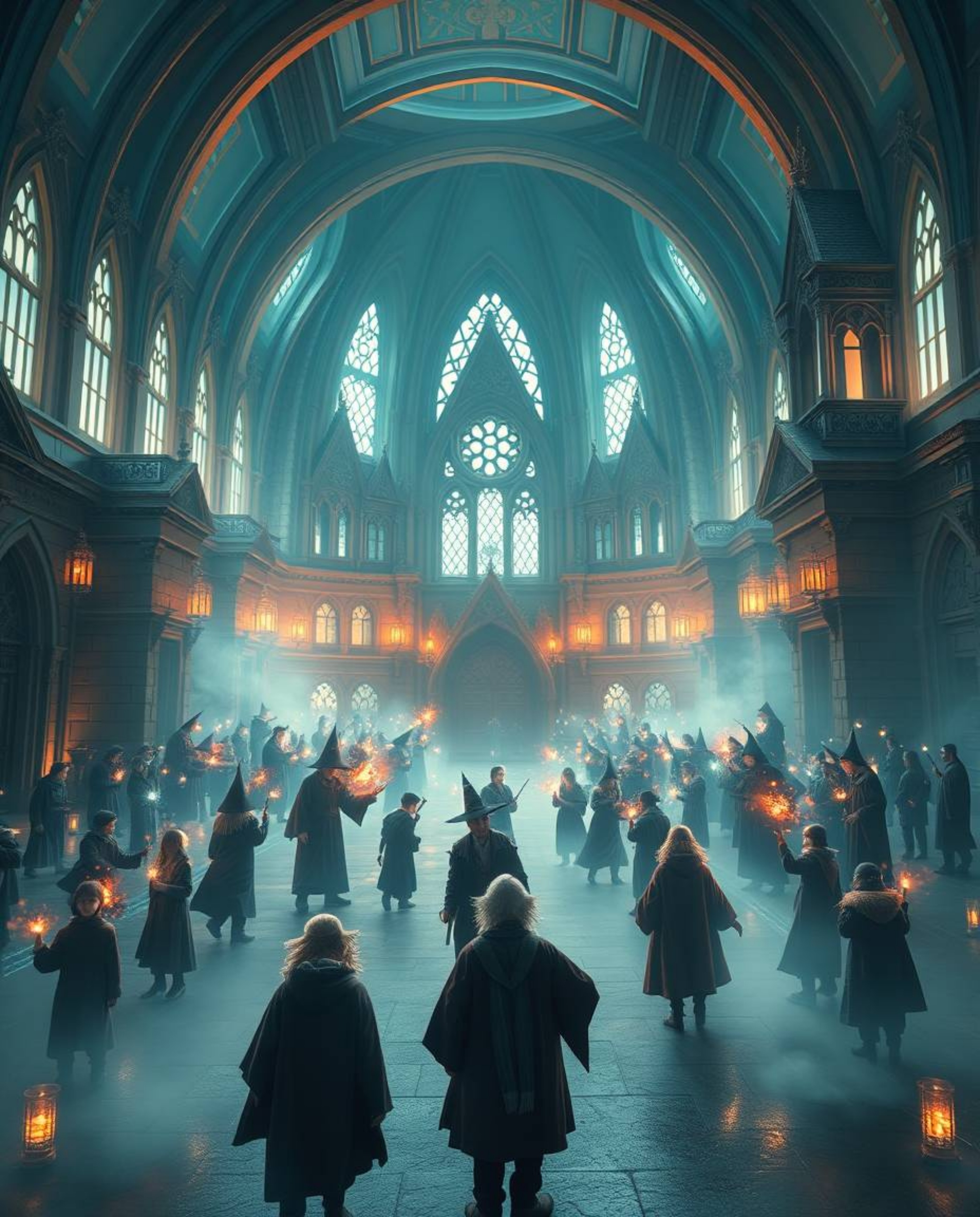 Immerse yourself in a modern, futuristic, and grand epic scene showcasing a magical school brimming with talented young wizar