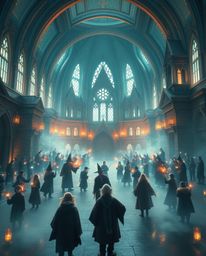 Immerse yourself in a modern, futuristic, and grand epic scene showcasing a magical school brimming with talented young wizar