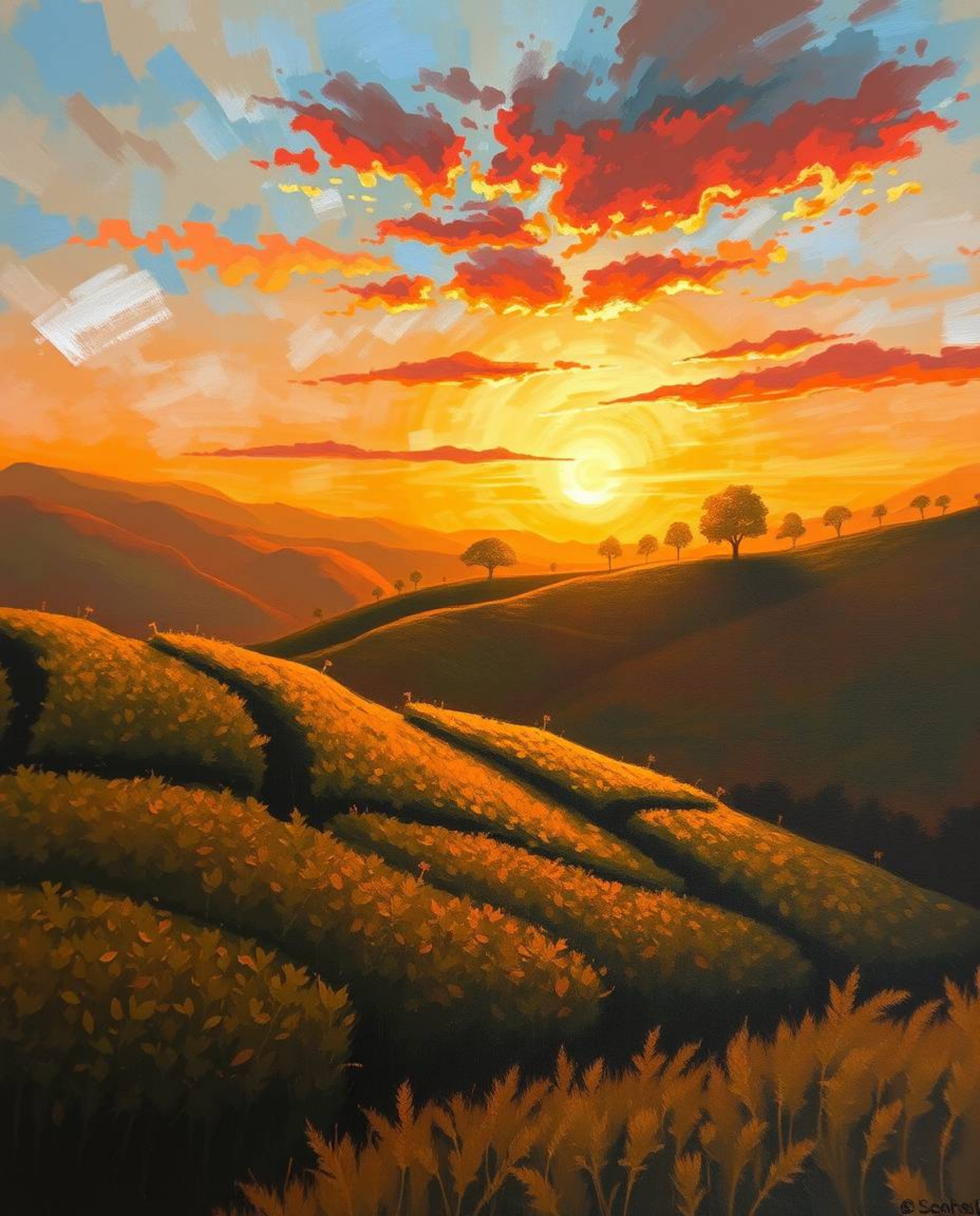 An oil painting depicting a sunset over terraced tea plantations. The artwork features warm autumn colors that create an eart