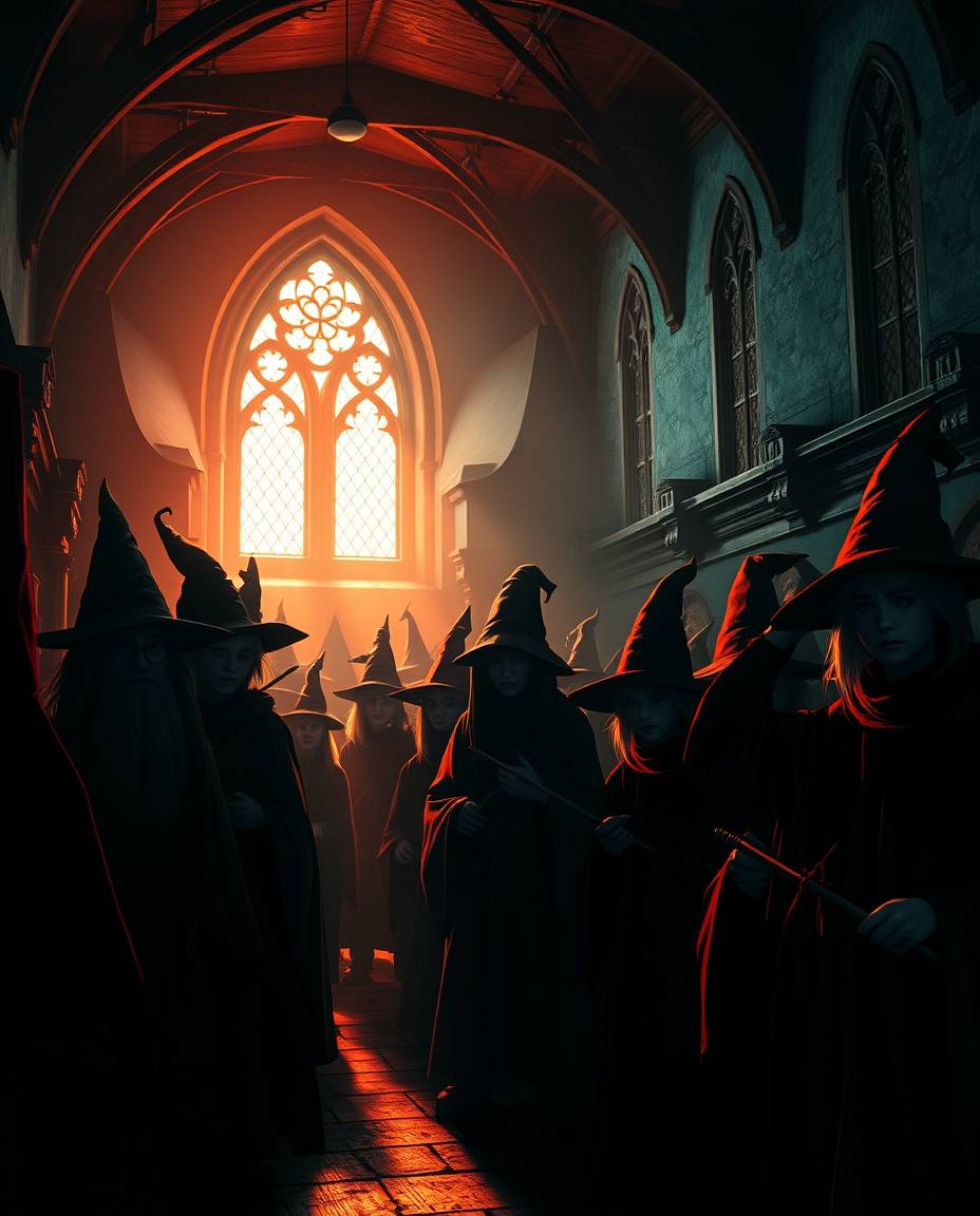 Immerse yourself in a magical school teeming with young wizards, shrouded in an eerie and creepy atmosphere. Contrasting chia