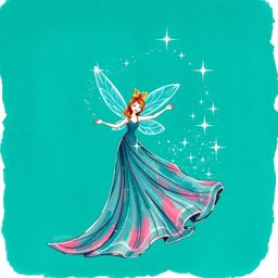 A captivating hand-drawn sketch of a fairy godmother emerging from a swirl of sparkles. Rendered in rich, deep teal with a l
