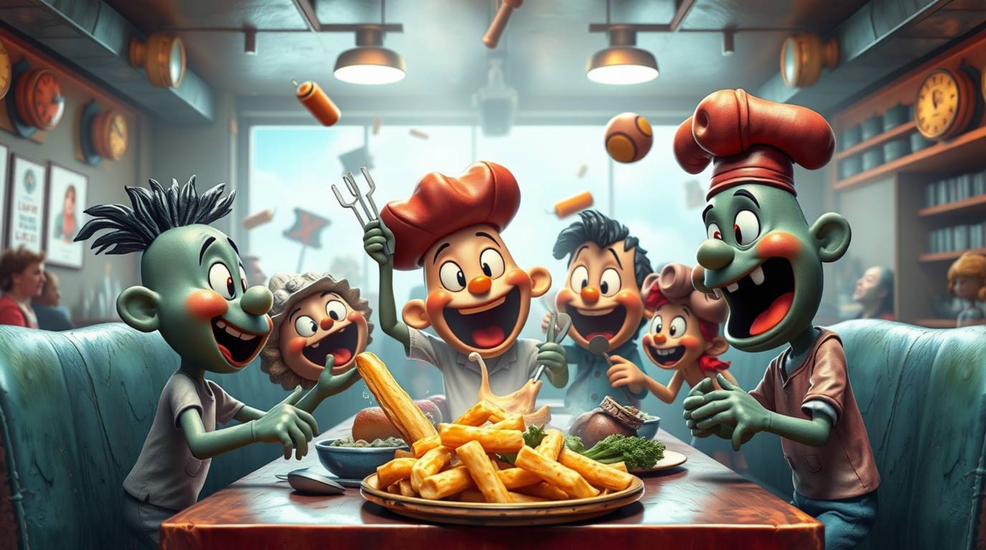 A captivating bronze sculpture depicts a chaotic yet charming food fight in a cartoon cafeteria.  Rendered with an antique pa