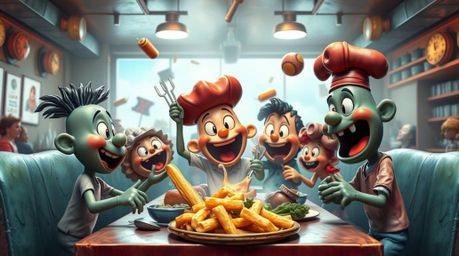 A captivating bronze sculpture depicts a chaotic yet charming food fight in a cartoon cafeteria.  Rendered with an antique pa