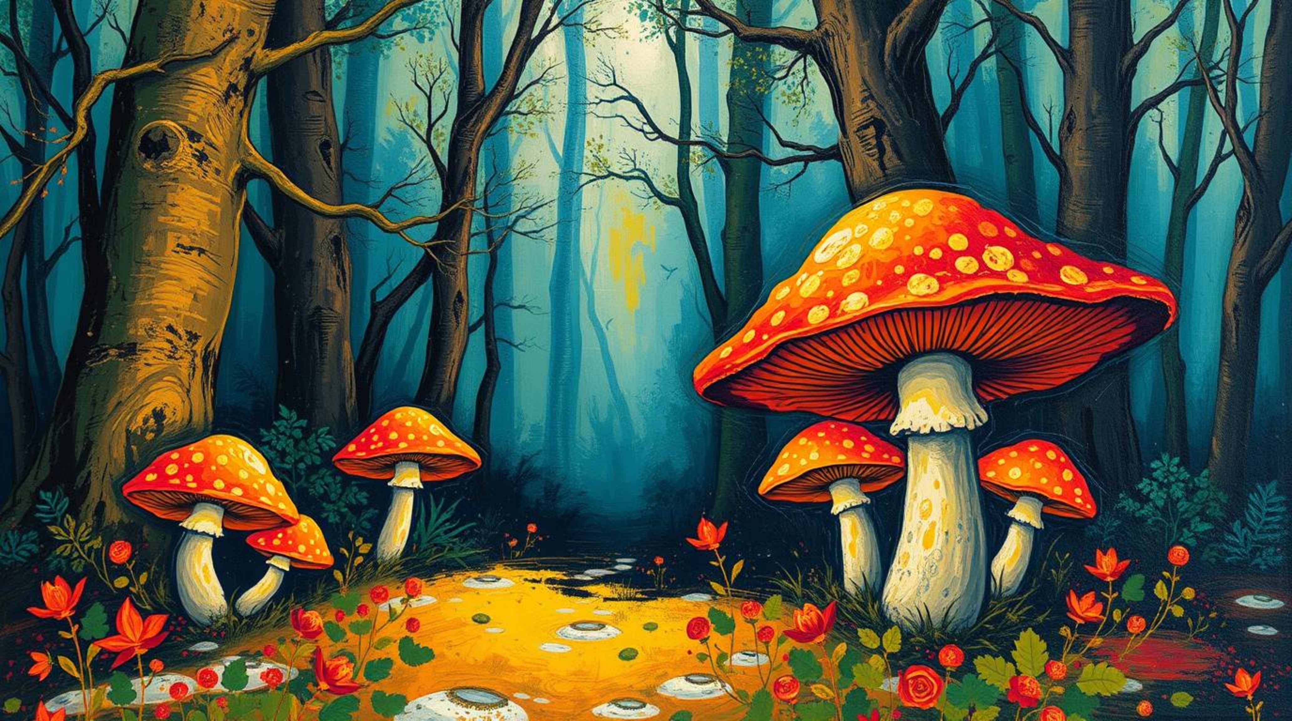 A captivating acrylic painting depicts a vintage-style enchanted forest teeming with glowing mushrooms. Vibrant colors and t