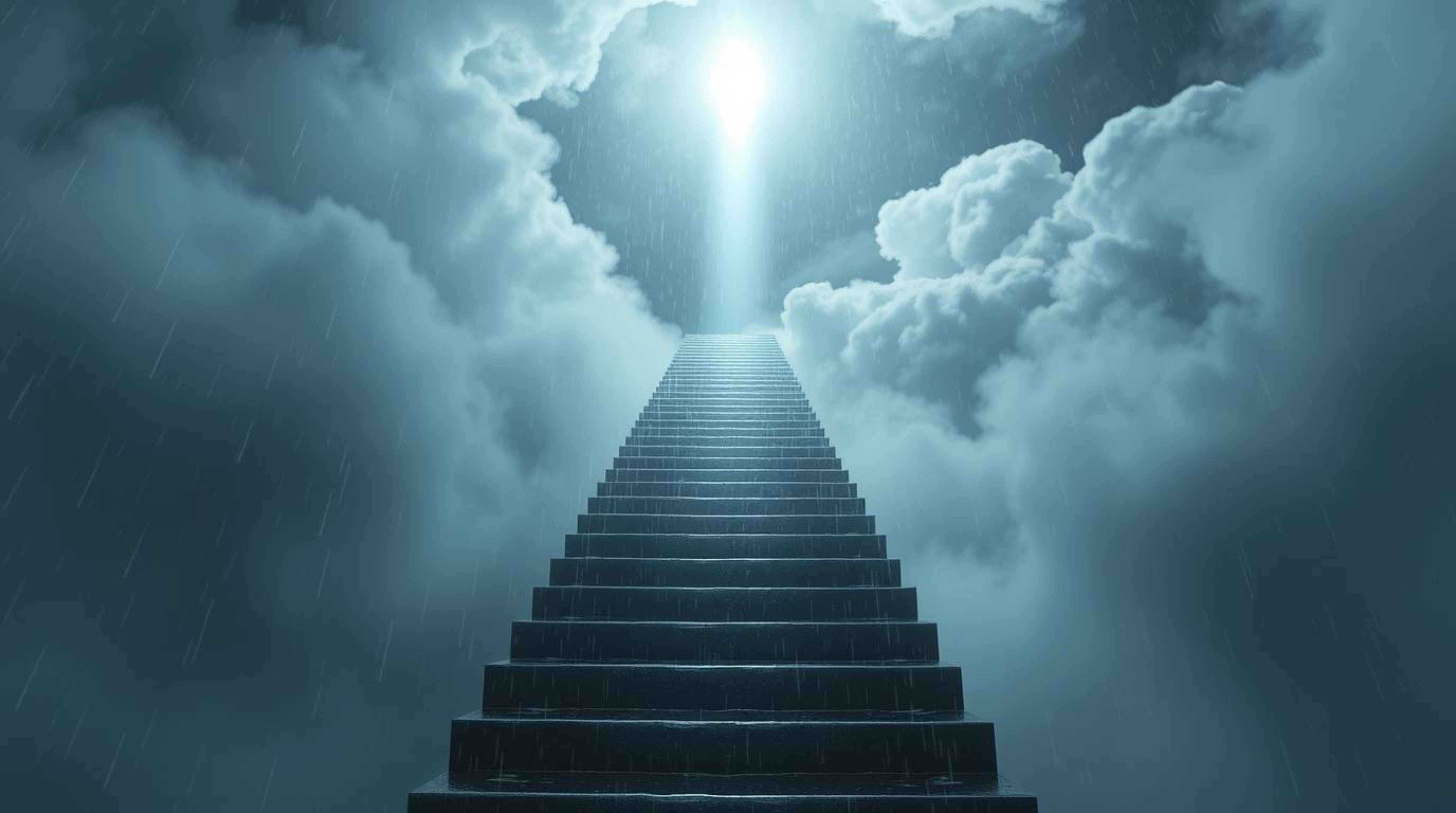 A captivating image depicting a surreal stairway ascending through smoky clouds towards a celestial light. Drizzling rain add