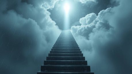 A captivating image depicting a surreal stairway ascending through smoky clouds towards a celestial light. Drizzling rain add