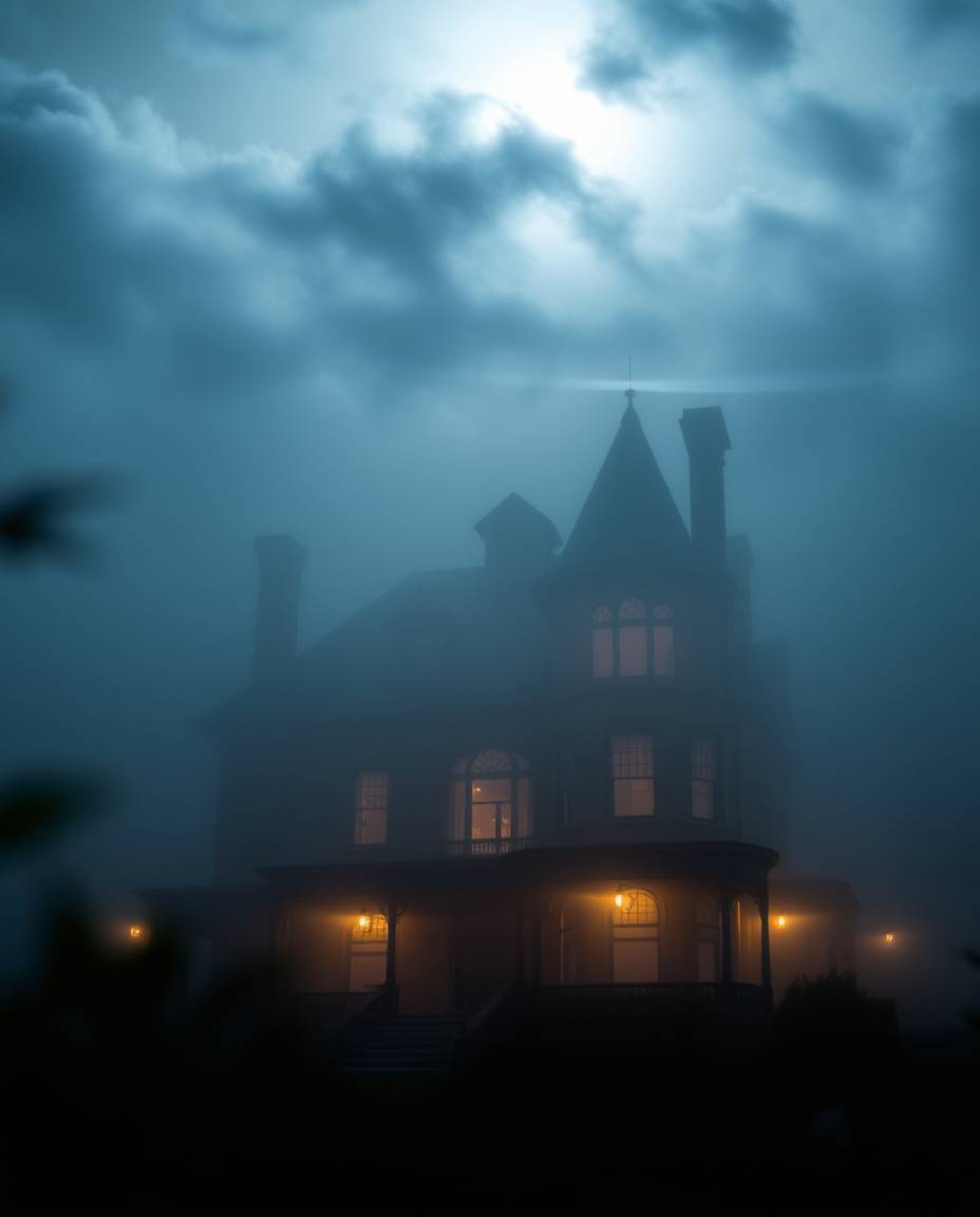 A captivating photograph showcasing a fog-covered Victorian mansion bathed in the ethereal glow of moonlight. The image captu
