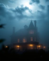 A captivating photograph showcasing a fog-covered Victorian mansion bathed in the ethereal glow of moonlight. The image captu