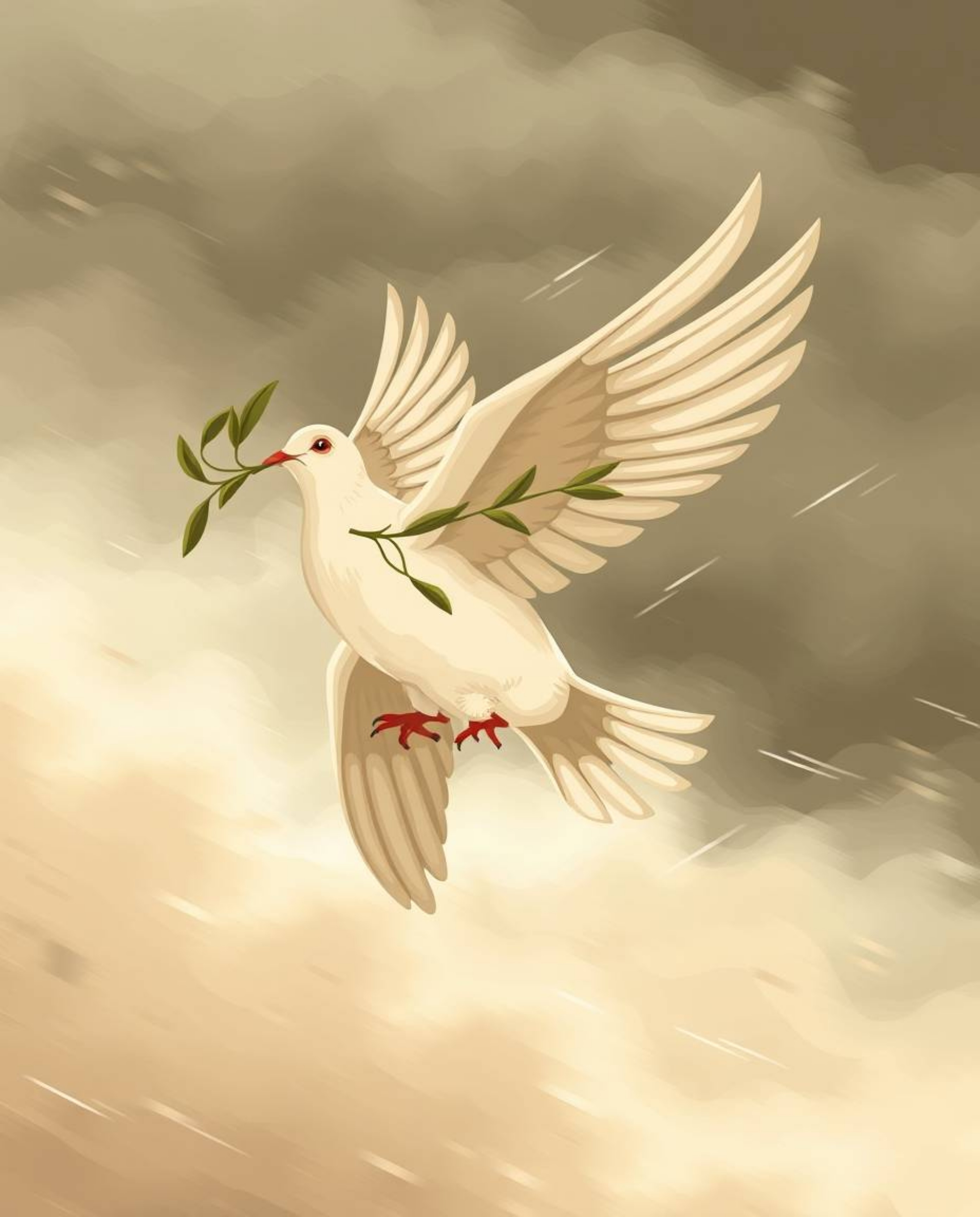 A captivating dynamic motion illustration depicts a dove carrying an olive branch amidst stormy skies.  Rendered in calming n