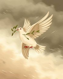 A captivating dynamic motion illustration depicts a dove carrying an olive branch amidst stormy skies.  Rendered in calming n