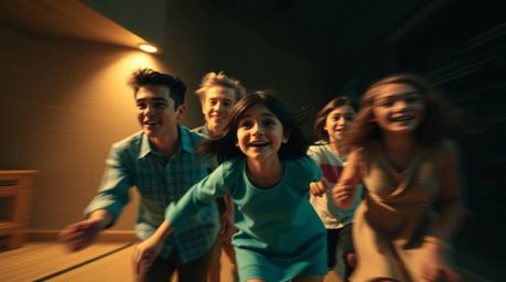 Experience the warmth and excitement of a Pixar-style family reunion captured in a dynamic, high-contrast photograph. This im