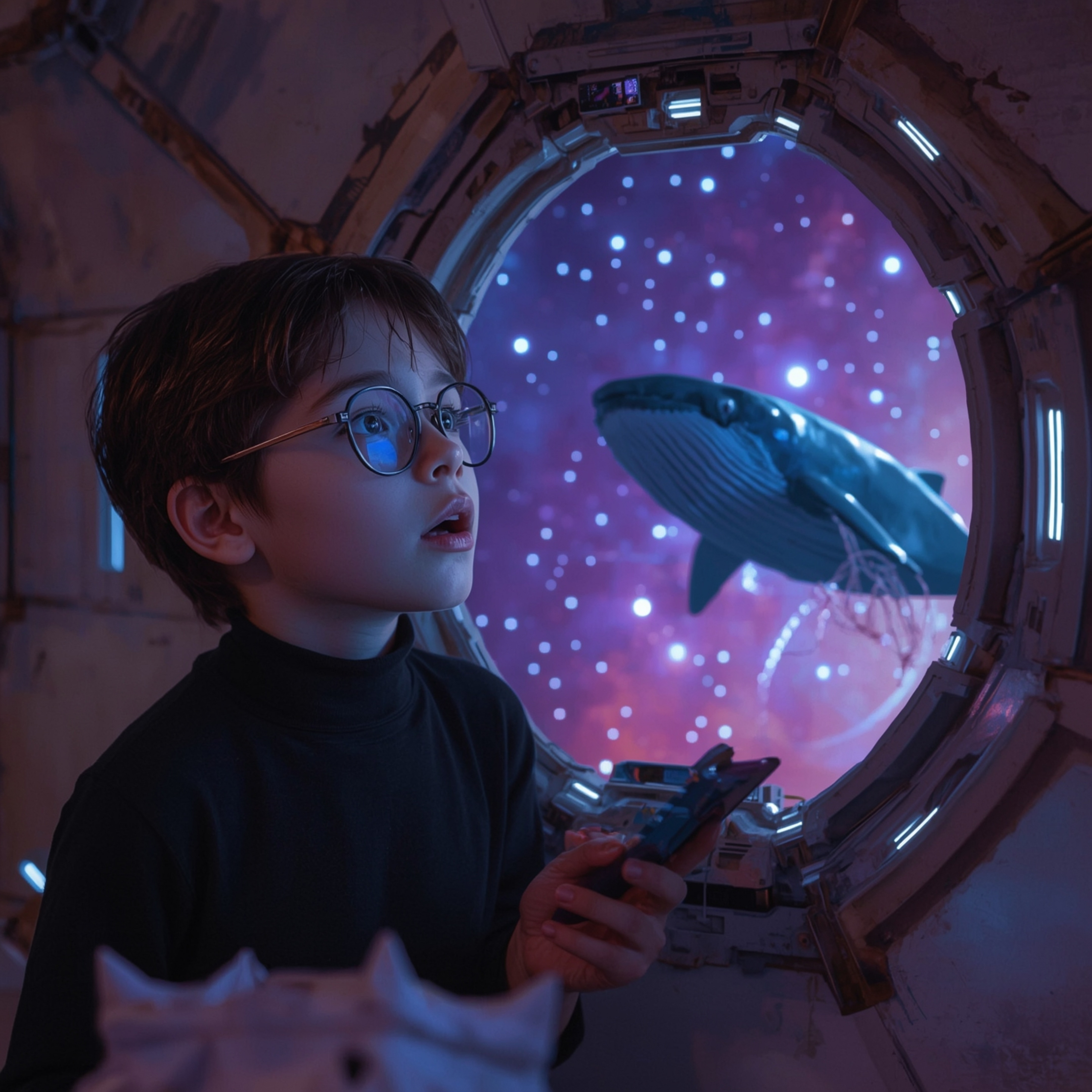 Experience a heartwarming scene in Pixar style where a young boy with delicate features, dressed in a sleek turtleneck and tr