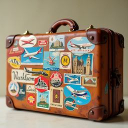 A close-up photograph capturing the essence of wanderlust, showcasing a vintage leather suitcase adorned with vibrant, peelin