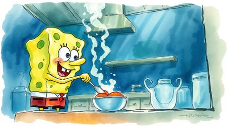 Immerse yourself in a captivating underwater world with this delicate watercolor painting. A charming sponge character is dep
