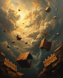 Immerse yourself in this classic oil painting depicting a surreal storm where objects defy gravity and take flight.  Bathed i